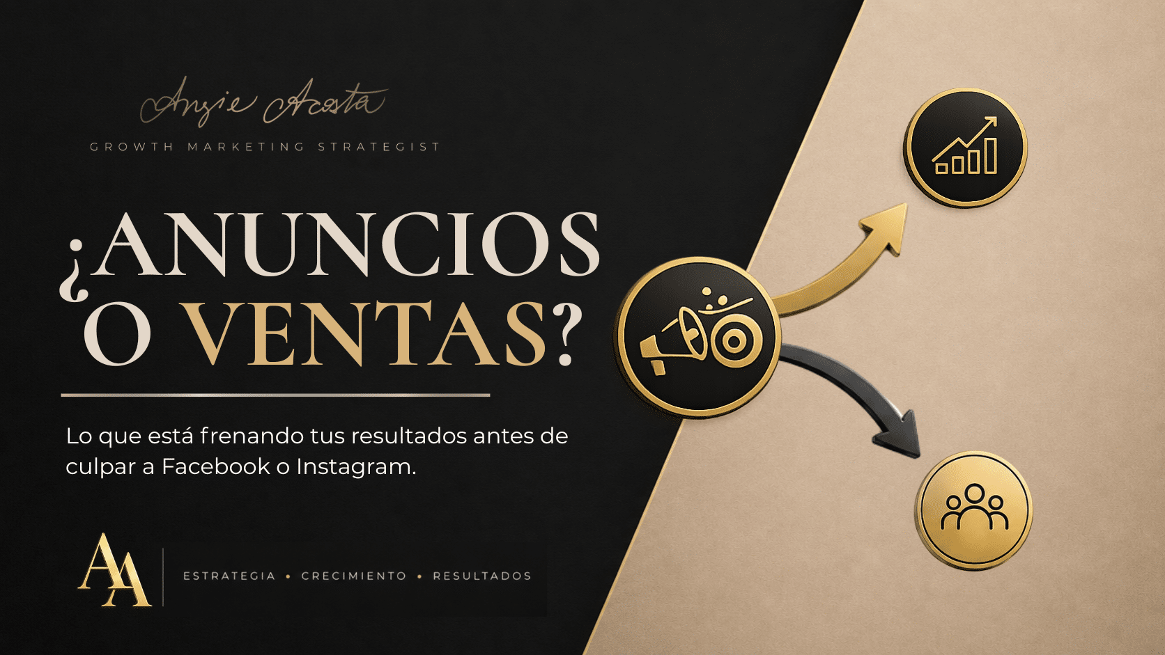 Ilustración sobre publicidad digital y generación de ventas con iconos de anuncios, crecimiento y audiencia para explicar por qué las campañas de Facebook e Instagram no generan resultados.